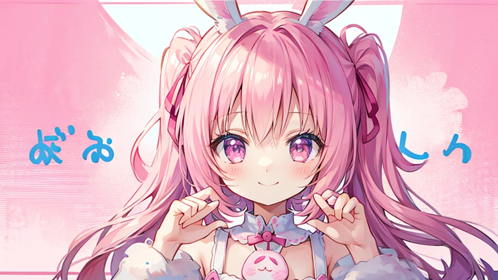 Bunny ears、Chibi Girl、fluffy、Pink pop background、smile