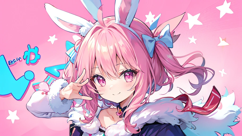 Bunny ears、Chibi Girl、fluffy、Pink pop background、smile