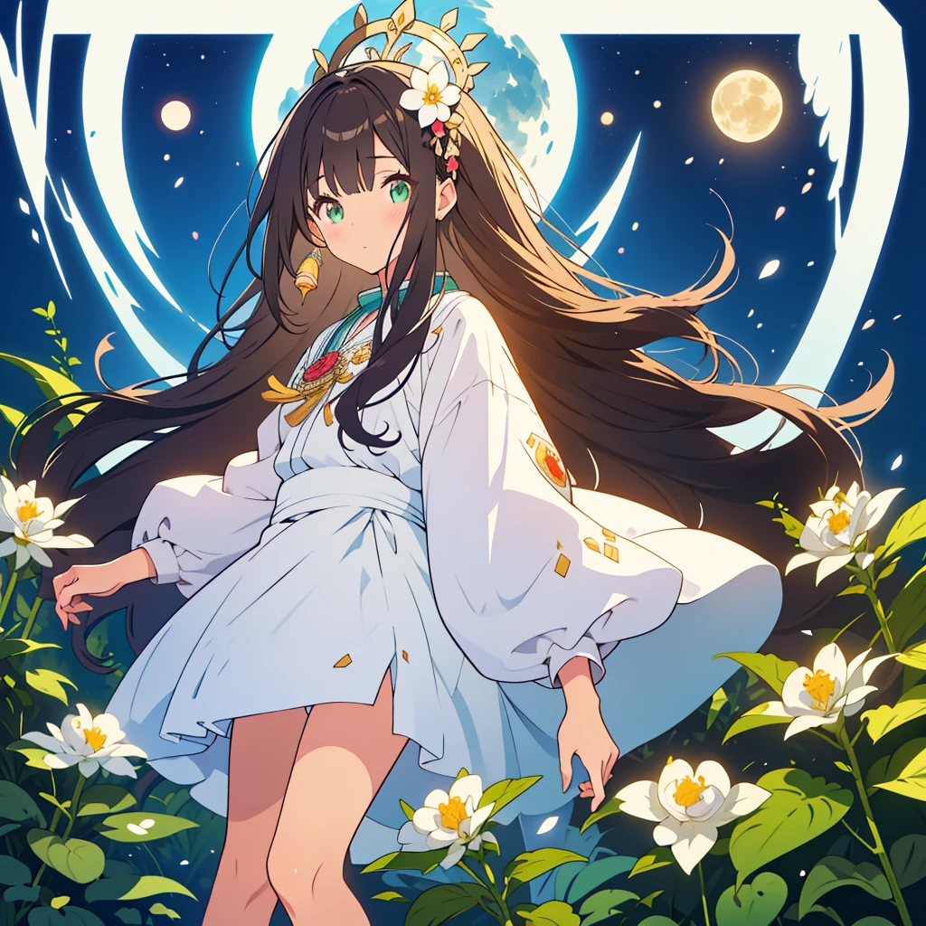 kawaii, anime, Cute, hyper quality, highly detailed, 8k, Clarity, dark brown long hair, green eyes, upward glance, Front facing, come close, A pure white full moon in the sky, moonlight, shining hair, Moist eyes, Draw facial expressions in detail, A Queen of the Night, Dutchmans pipe cactus, Hanafuda motif, flowers, birds, wind and moon, A white flower with radiating petals, moonlight, large white flower, The wind is blowing, White flower, The color of my sister's eyes is golden, intertwine,