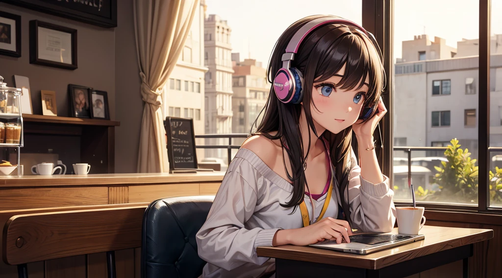 Girl with headphones enjoying music in a cafe　I am studying　Emphasize a little bit of the chest