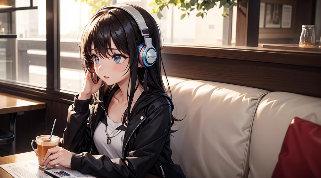 Girl with headphones enjoying music in a cafe　I am studying　Emphasize a little bit of the chest