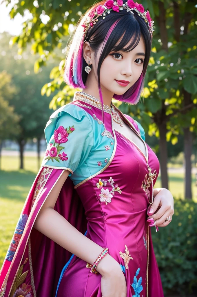 (masterpiece:1.4), (best quality:1.4), ultra high res, ultra high resolution, ((detailed facial features)), HDR, (realistic, photorealistic, photo-realistic:1.37), full body Esbian, sexy swedish model, (-anime), only 1 model, vivid colors, ((vivid colors multicolor (fuchsia, pink, light blue, purple) very short hair)), (seductive smile), lip-gloss, long lashes, defined eyebrows, wearing large sparkling colorful jewelery, wearing a red silk Paradise Kiss cosplay dress with black floral embroidery, ((vivid colors outfit)), vivid colors, look at the camera, cinematic light, large park background with trees, sweet and sexy pose