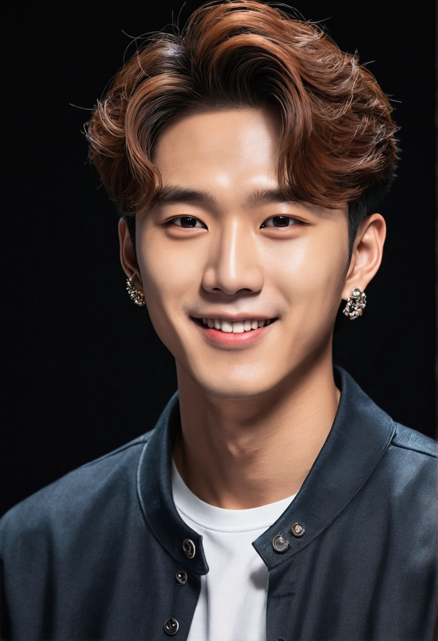 Masterpiece of photography, a Korean idol K-pop, look handsomeman and cool, wear fashion earring, little smile, wear casual clothes, on black gradient background, high detail, photorealism