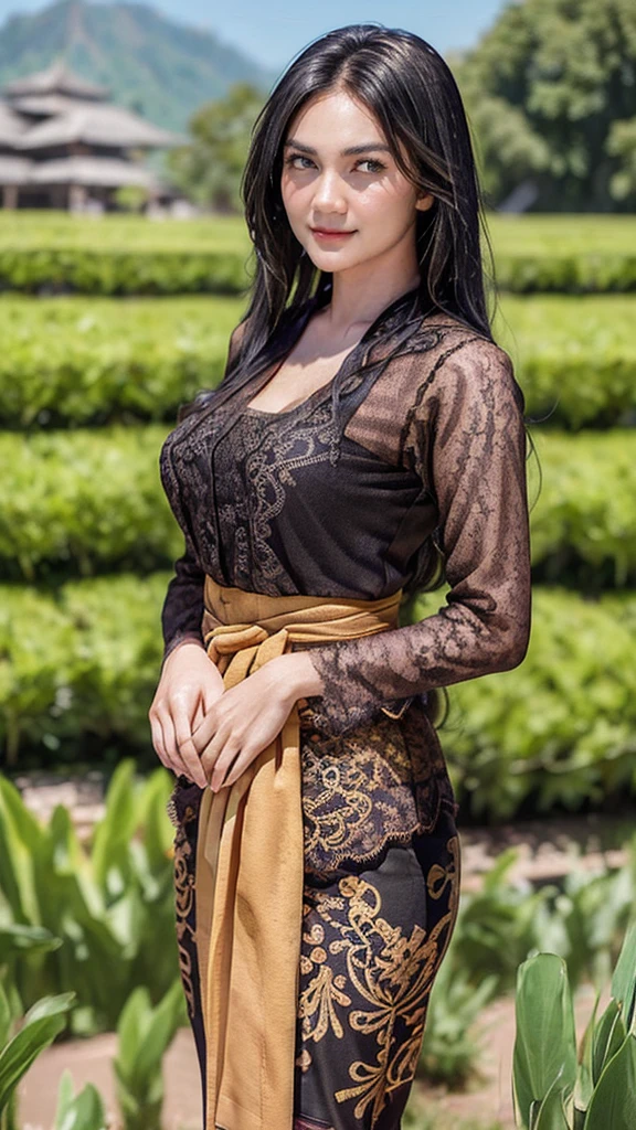 1girl, extremely beautiful, long black hair, olive skin, fit body, medium breasts, skintight lace kebaya, stand on the middle of rice field, full body, cleavage, tight batik pattern skirt, masterpiece, best quality, masterpiece, blurred background, archipelago, dynamic poses, perfect hands, perfect face, perfect details, sharp focus