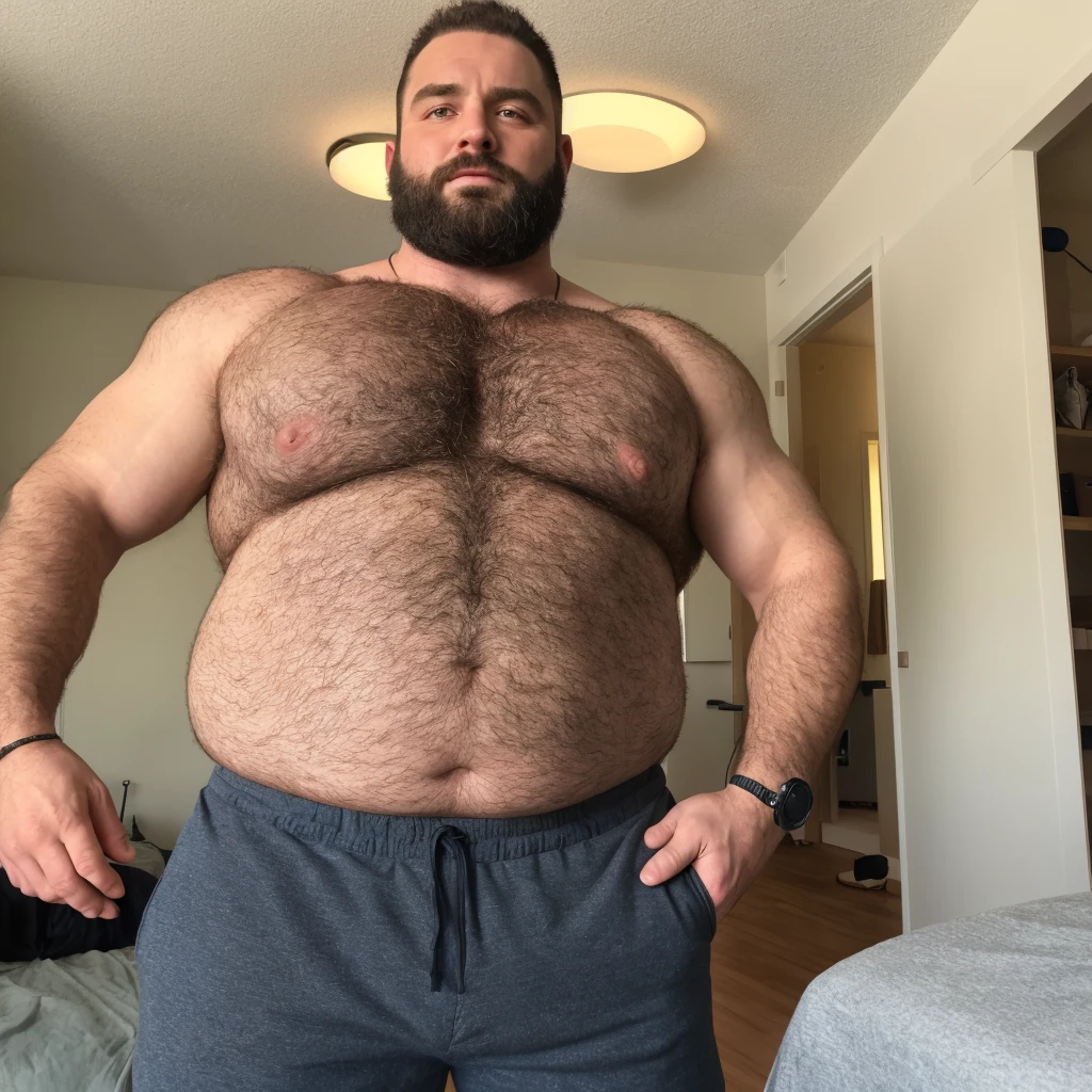 8K HDR Very Extremely Realistic Very Detailed High Quality 8K HDR Very Realistic 46 year old daddy rugged beefy big thick burly chubby bodybuilder muscle bears man, 8KHDR very realistic beared big daddy muscle bear, and 8KHDR very realistic detailed rugged burly man in shorts, 8KHDR very realistic hair, 8KHDR very realistic beards, 8KHDR very realistic thick chubby fat neck, 8KHDR very realistic neck lines, 8KHDR very realistic detailed neck, 8KHDR very realistic burly chest, 8KHDR very realistic detailed hairy burly chest and arms, 8KHDR very realistic detailed hairy burly chest and arms, 8KHDR very realistic burly muscle bear body, 8KHDR very realistic nipples, 8KHDR very realistic burly muscle bear body, 8KHDR very realistic face, 8KHDR very realistic detailed face, 8KHDR very realistic eyes, 8KHDR very realistic detailed eyes, 8KHDR very realistic pupils, 8KHDR very realistic detailed pupils, 8KHDR very realistic head, 8KHDR very realistic waist, 8KHDR very realistic facial features, 8KHDR very realistic burly arms, 8KHDR very realistic elbows, 8KHDR very realistic hands, 8KHDR very realistic pecs, 8KHDR very realistic belly, 8KHDR very realistic human man body, 8K HDR very realistic bellybutton, 8KHDR very realistic wrists, 8KHDR very realistic fingers, 8KHDR very realistic fingernails, 8KHDR very realistic shoulders, 8KHDR very realistic mouth, 8KHDR very realistic lips, 8KHDR very realistic mens clothing, 8KHDR very realistic detailed mens clothing. 8KHDR Very Realistic Hairy Bearded Burly Muscle bear Photoshoot, 8KHDR Very Realistic Ultra-detailed, 8KHDR very realistic detailed bedroom surroundings, 8KHDR very realistic surroundings lighting, No Deformities, An ultra-realistic photograph captured with a Sony α7 III camera, equipped with an 85mm lens in F 1.2 aperture, The cutting-edge Midjourney v5, ( best quality, highres, realistic:1.37), Super real detailed skin, Ultra-detailed, Photorealistic 1.4, hyper photorealism, 8K HDR Clear HDR Quality,