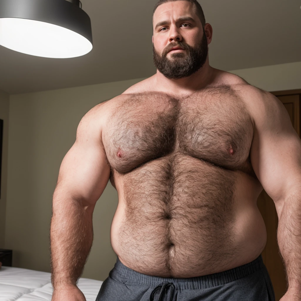 8K HDR Very Extremely Realistic Very Detailed High Quality 8K HDR Very Realistic 46 year old daddy rugged beefy big thick burly chubby bodybuilder muscle bears man, 8KHDR very realistic beared big daddy muscle bear,  and 8KHDR very realistic detailed rugged burly man in shorts, 8KHDR very realistic hair, 8KHDR very realistic beards, 8KHDR very realistic thick chubby fat neck, 8KHDR very realistic neck lines, 8KHDR very realistic detailed neck, 8KHDR very realistic burly chest, 8KHDR very realistic detailed hairy burly chest and arms, 8KHDR very realistic detailed hairy burly chest and arms, 8KHDR very realistic burly muscle bear body, 8KHDR very realistic nipples, 8KHDR very realistic burly muscle bear body, 8KHDR very realistic face, 8KHDR very realistic detailed face, 8KHDR very realistic eyes, 8KHDR very realistic detailed eyes, 8KHDR very realistic pupils, 8KHDR very realistic detailed pupils, 8KHDR very realistic head, 8KHDR very realistic waist, 8KHDR very realistic facial features, 8KHDR very realistic burly arms, 8KHDR very realistic elbows, 8KHDR very realistic hands, 8KHDR very realistic pecs, 8KHDR very realistic belly, 8KHDR very realistic human man body, 8K HDR very realistic bellybutton, 8KHDR very realistic wrists, 8KHDR very realistic fingers, 8KHDR very realistic fingernails, 8KHDR very realistic shoulders, 8KHDR very realistic mouth, 8KHDR very realistic lips, 8KHDR very realistic mens clothing, 8KHDR very realistic detailed mens clothing. 8KHDR Very Realistic Hairy Bearded Burly Muscle bear Photoshoot,  8KHDR Very Realistic Ultra-detailed, 8KHDR very realistic detailed bedroom surroundings, 8KHDR very realistic surroundings lighting, No Deformities, An ultra-realistic photograph captured with a Sony α7 III camera, equipped with an 85mm lens in F 1.2 aperture, The cutting-edge Midjourney v5, ( best quality, highres, realistic:1.37), Super real detailed skin, Ultra-detailed, Photorealistic 1.4, hyper photorealism, 8K HDR Clear HDR Quality, 