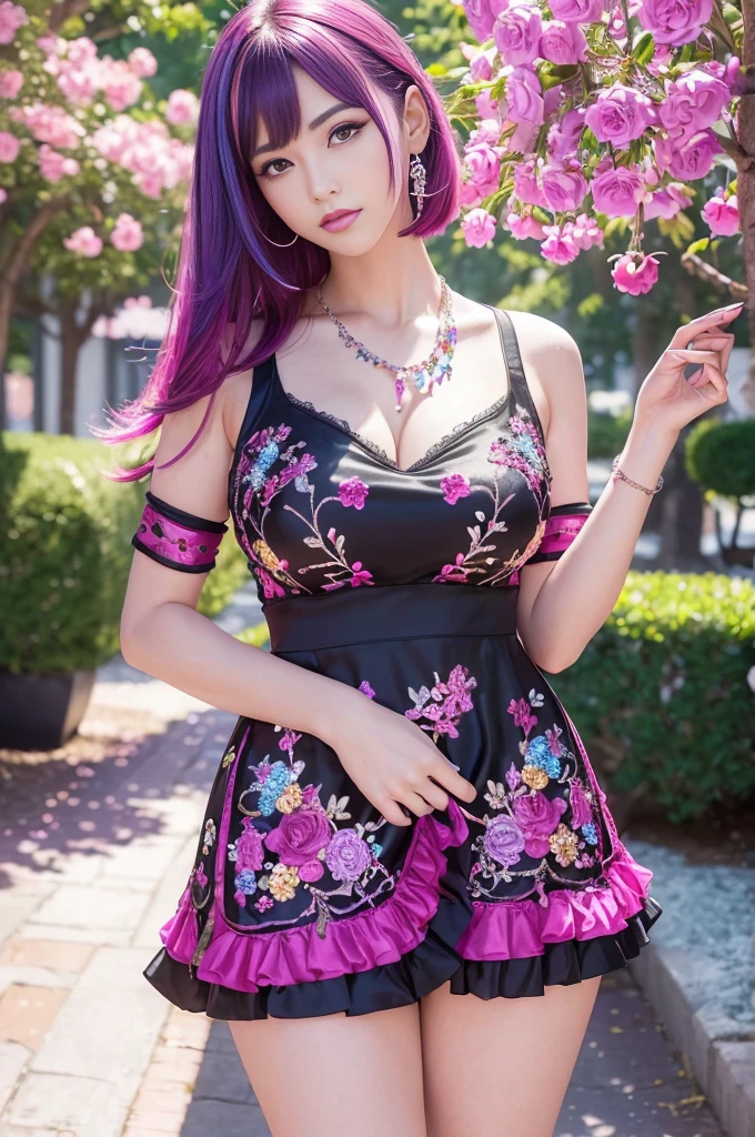 (masterpiece:1.4), (best quality:1.4), ultra high res, ultra high resolution, ((detailed facial features)), HDR, (realistic, photorealistic, photo-realistic:1.37), full body Esbian, sexy swedish model, (-anime), only 1 model, vivid colors, ((vivid colors multicolor (fuchsia, pink, light blue, purple) very short hair)), (seductive smile), lip-gloss, long lashes, defined eyebrows, wearing large sparkling colorful jewelery, wearing a red silk Paradise Kiss cosplay dress with black floral embroidery, ((vivid colors outfit)), vivid colors, look at the camera, cinematic light, large park background with trees, sweet and sexy pose