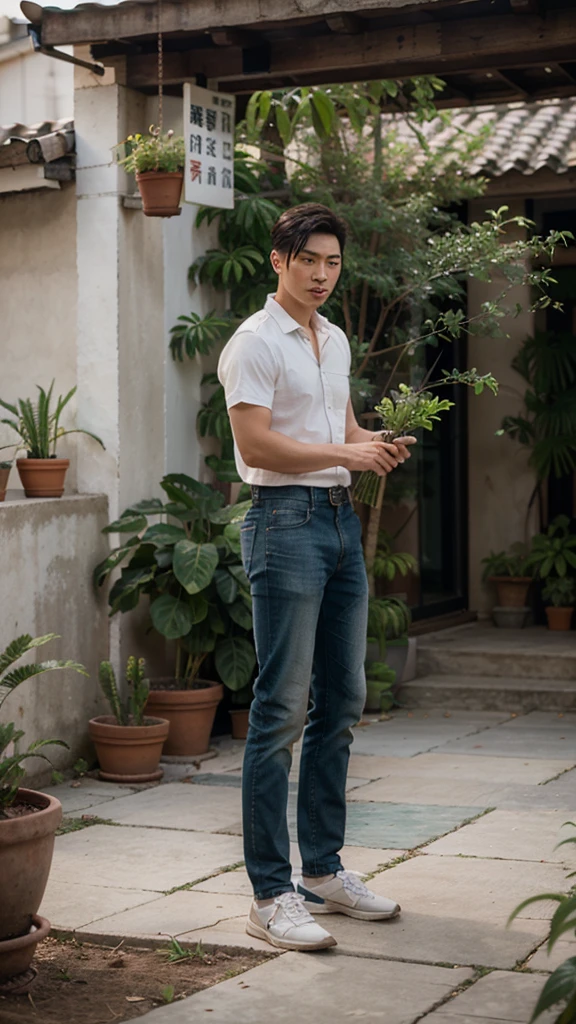 Realistic photography, 8k , handsome young chinese man , watering the plant