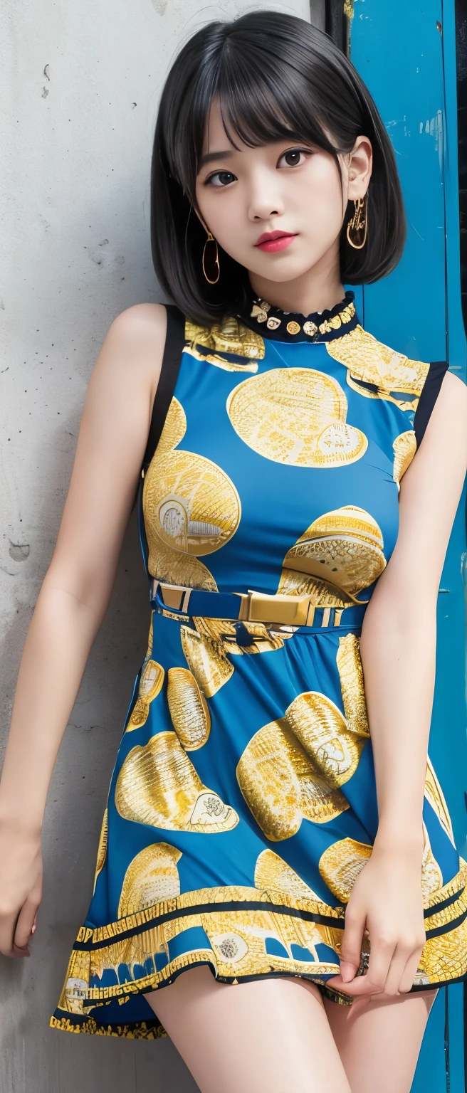 Cute and cool punk idol girl、whole body、Good style、、、、、、、、、、Thick legs、、Blue and gold dress(Wave Print)、Neat and clean idol face、summer night(Glowing)、