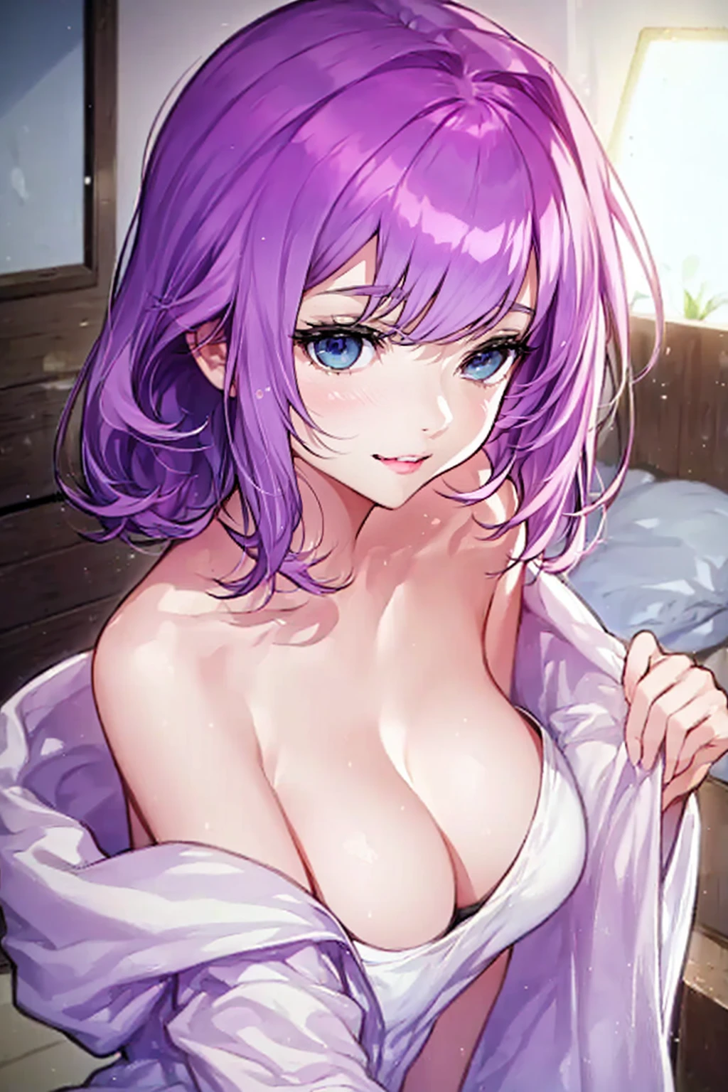 1girl,solo,cute,bigbreast,cleavage,after the bath,wear bathrobe,in bedroom,at night