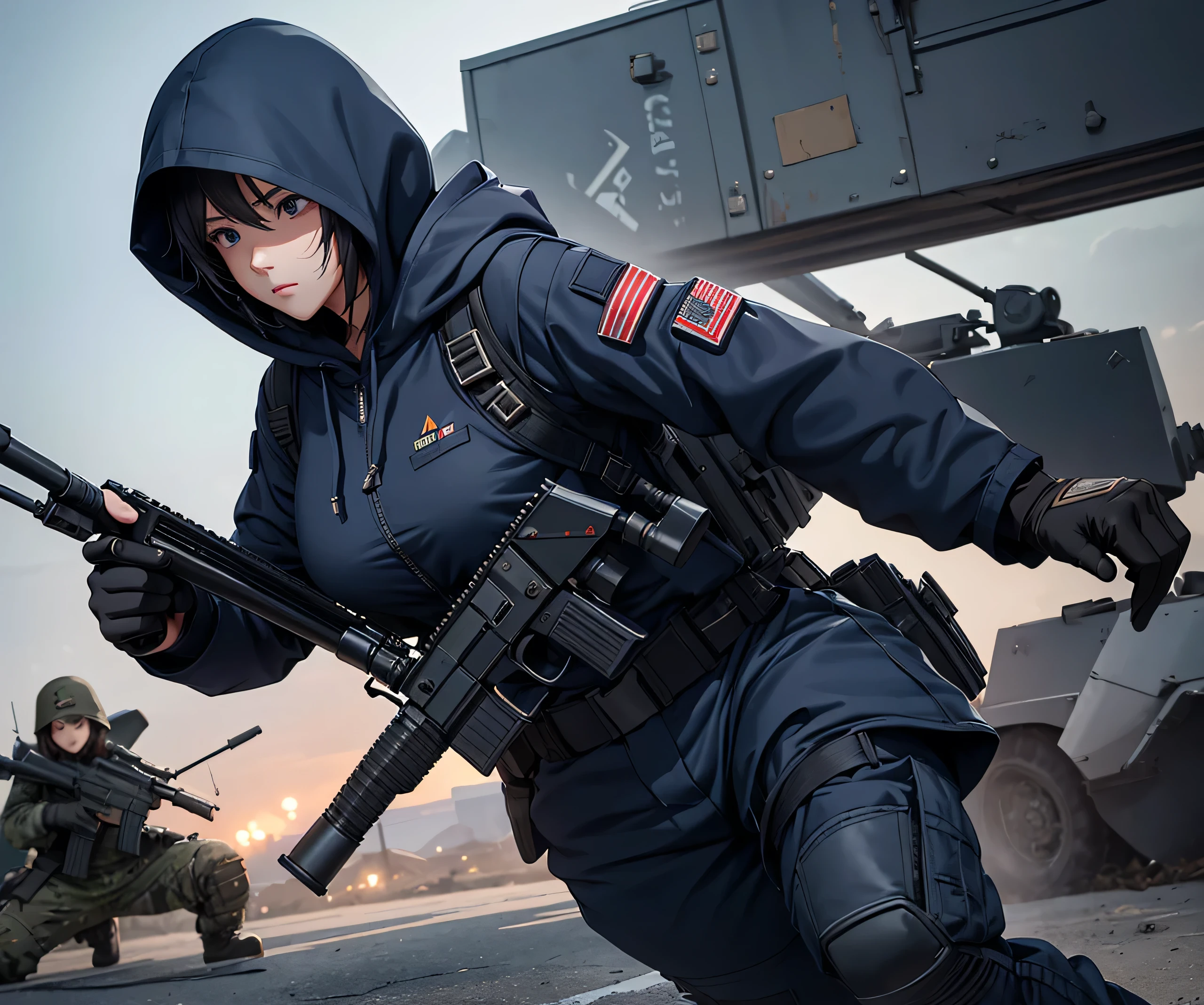 A group of female soldiers with guns fighting,All wear dark navy blue M-51 hooded military uniforms、Hooded on head、Individual equipment set、Military Pants、Knee pads,Write details、masterpiece、best quality、Highly detailed CG、8K picture quality