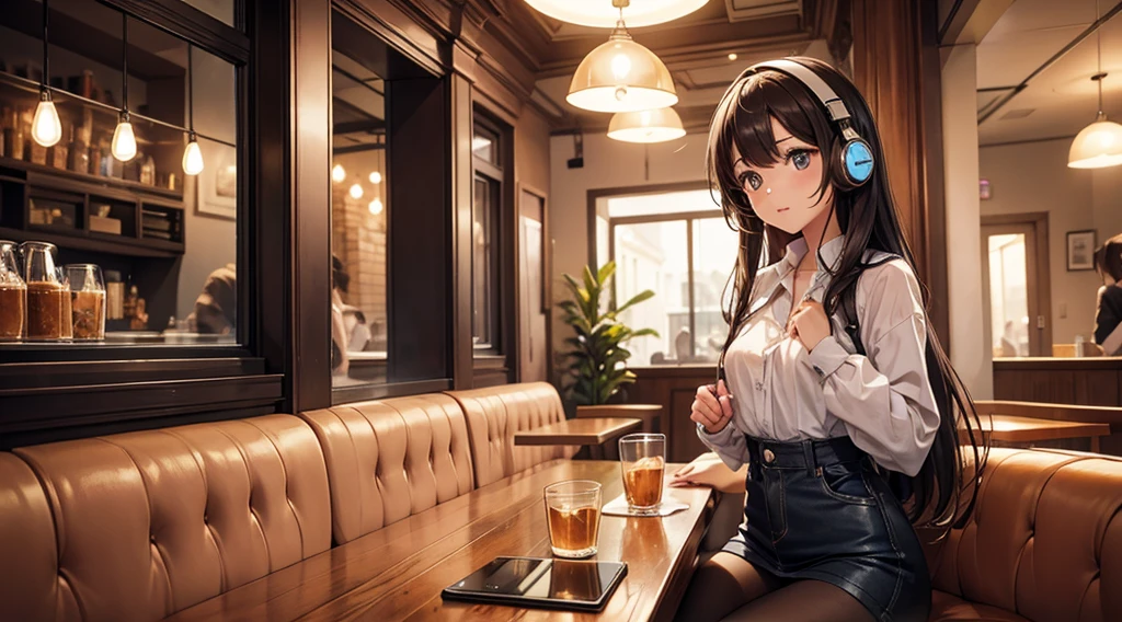 Girl with headphones enjoying music in a cafe I am studying Emphasize a little bit of the chest