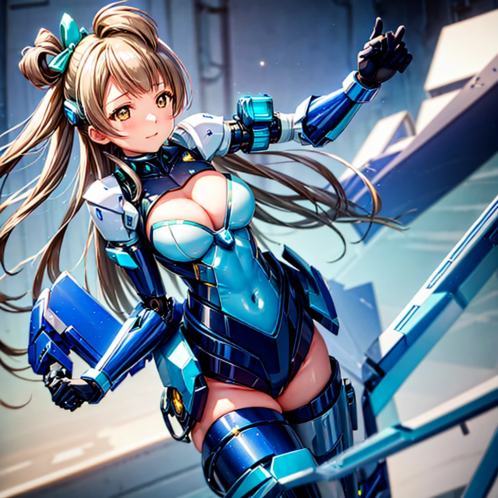 masterpiece, high quality, During the mechanized modification operation、Minami Kotori, who has been turned into a mechanical body cyborg、Gynoid cyborg body modification surgery、Blue and white leotard armor、A precisely mechanized body、Single image、from the front,Put the whole body