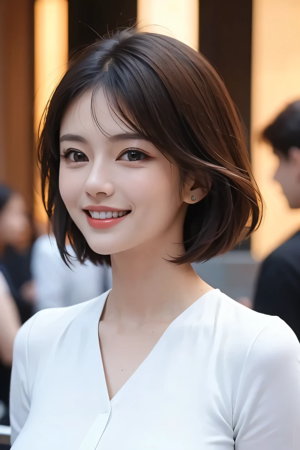 ((masterpiece)), ((Highest quality)), ((Complex)), ((Surreal)), (Realistic), (Mature Woman), ((No classes)), Very detailed, (1 female), Beautiful and exquisite, (Beautiful Teeth), Grin, Brunette Bob Hair, Brown eyes, ((blouse)), (Upper Body), (background:none), Perfect Eyes, Captivating eyes, Looking at the audience