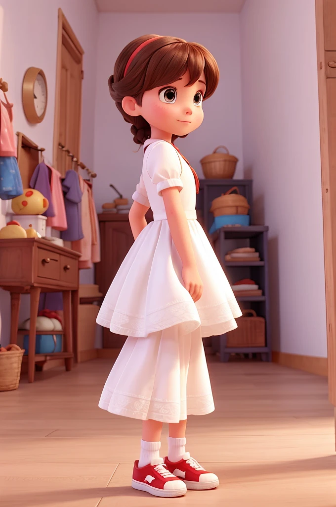 4 years old, with long white dress, with red sneakers, disney pixar 3d style, 16K