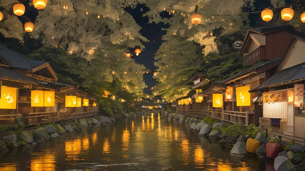 Local summer festival night、A fantastic light illuminates the surroundings、Ultra-high resolution、8k、16K、Japanese Summer Festivals、Return、A quiet and slightly lonely scene、A few remaining lanterns cast a warm light in the night sky.、Evokes the bittersweet feeling of a late summer night,An unpopular spot on the riverbank