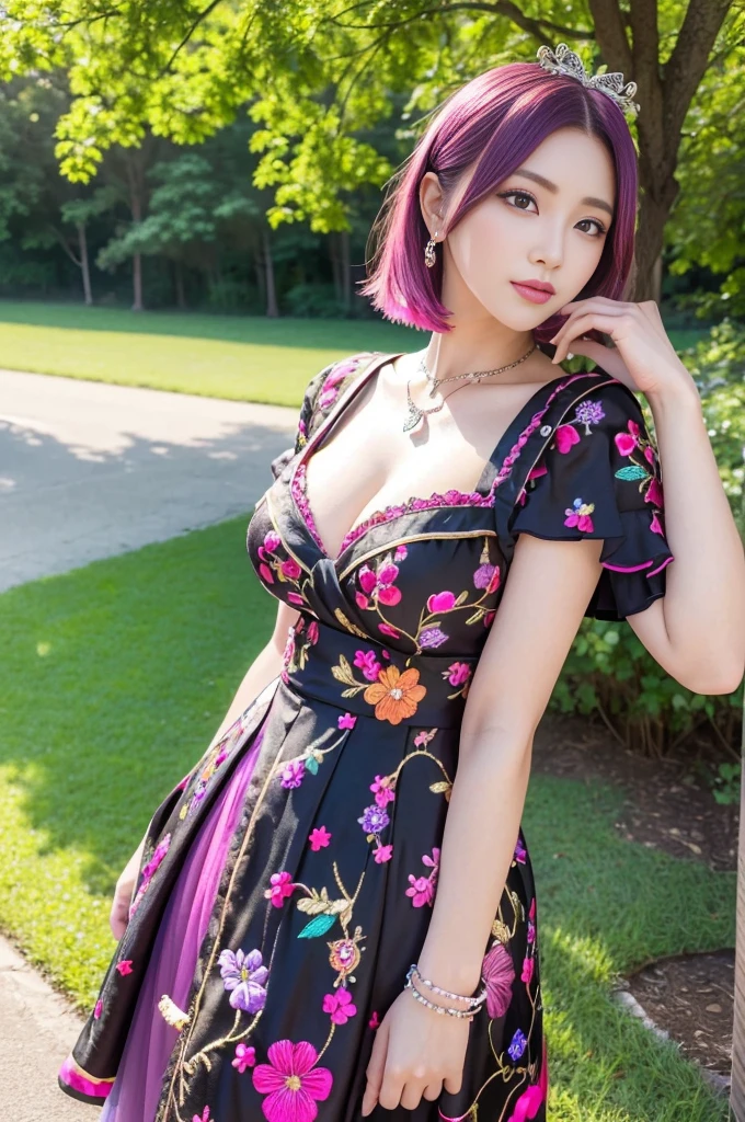 (masterpiece:1.4), (best quality:1.4), ultra high res, ultra high resolution, ((detailed facial features)), HDR, (realistic, photorealistic, photo-realistic:1.37), full body Esbian, sexy swedish model, (-anime), only 1 model, vivid colors, ((vivid colors multicolor (fuchsia, pink, light blue, purple) very short hair)), (seductive smile), lip-gloss, long lashes, defined eyebrows, wearing large sparkling colorful jewelery, wearing a red silk Paradise Kiss cosplay dress with black floral embroidery, ((vivid colors outfit)), vivid colors, look at the camera, cinematic light, large park background with trees, sweet and sexy pose