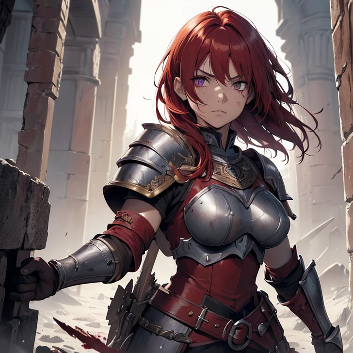 (absurdres, high fantasy artwork, best high quality image, carefuly detailed, very detailed features and textures, tolkien aesthetic)
{{1character: 25 years old red haired barbarian girl, (scarlet red short hair, purple eyes with black pupils, face with blood, very thin lips with blood, white skin with blood, wearing full armor dirt with blood, attack pose, very serious face, no sense of humor), (full bulky knight armor with blood, full bulky shoulder plates with blood, full armored bulky-breast-plate-armor-no revealing-skin dirt with blood, full gauntlets plates, full elbow plates, full plate boots), (her weapon: broad sword on her back), (celtic city battle scene in fire)}}