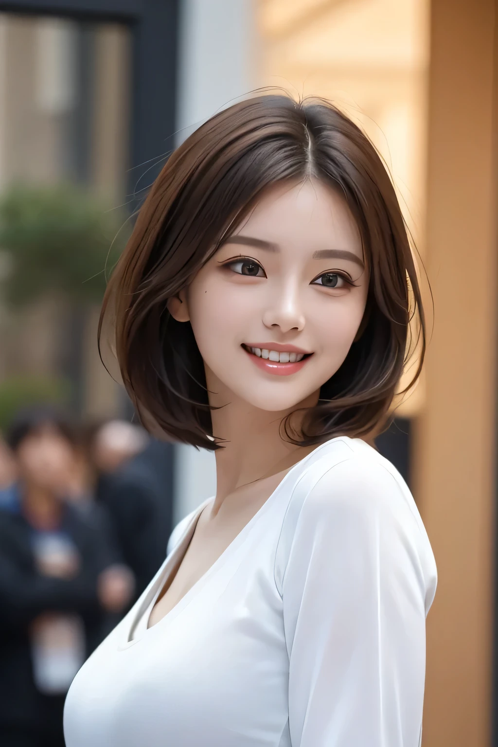 ((masterpiece)), ((Highest quality)), ((Complex)), ((Surreal)), (Realistic), (Mature Woman), ((No classes)), Very detailed, (1 female), Beautiful and exquisite, (Beautiful Teeth), Grin, Brunette Bob Hair, Brown eyes, ((blouse)), (Upper Body), (background:none), Perfect Eyes, Captivating eyes, Looking at the audience