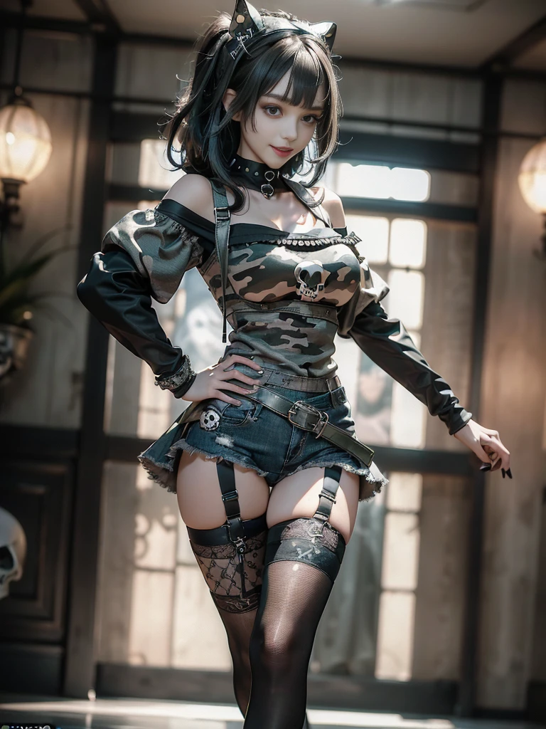 (Side view:1.1)、(Beautiful skin, lips and nose:1.4)、(Smiling with teeth showing:1.3),(Fashion Model:1.5)、(Gothic ta delicately decorated battle uniform:1.5)、(Moss green off-shoulder hoodie:1.5)、(Black, silver and white shorts:1.4)、(denim garter belt:1.5)、(Black and camouflage knee socks:1.3)、(Skull Silver Accessories:1.5)、(Lace collar:1.3)、(Brown Skin Belt:1.4)、(Brown boots:1.2)、(Underwear has polka dots:1.4)、23 years old、((Highest quality、In 8K、masterpiece:1.3))、Sharp focus:1.2、(Layered Cut、Huge boobs:1.1),Beautiful woman with perfect figure:1.4、(Dancing vigorously:1.3)、Slender Abs:1.2、Highly detailed face and skin texture、Detailed eyes、double eyelid,(Bob Hair:1.3)、(Black brown hair:1.3)、Gravure idol、(The background is a gorgeous fashion show:1.3)、(Slim Body:1.2),(Make your legs thinner:1.4),(clavicle:1.1)