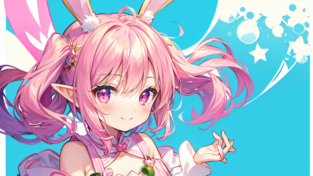 Bunny ears、Chibi Girl Elf、fluffy、Pink pop background、smile
