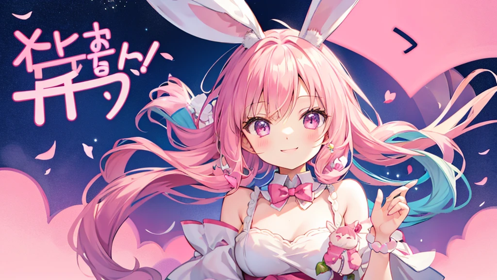 Bunny ears、Chibi Girl Elf、fluffy、Pink pop background、smile