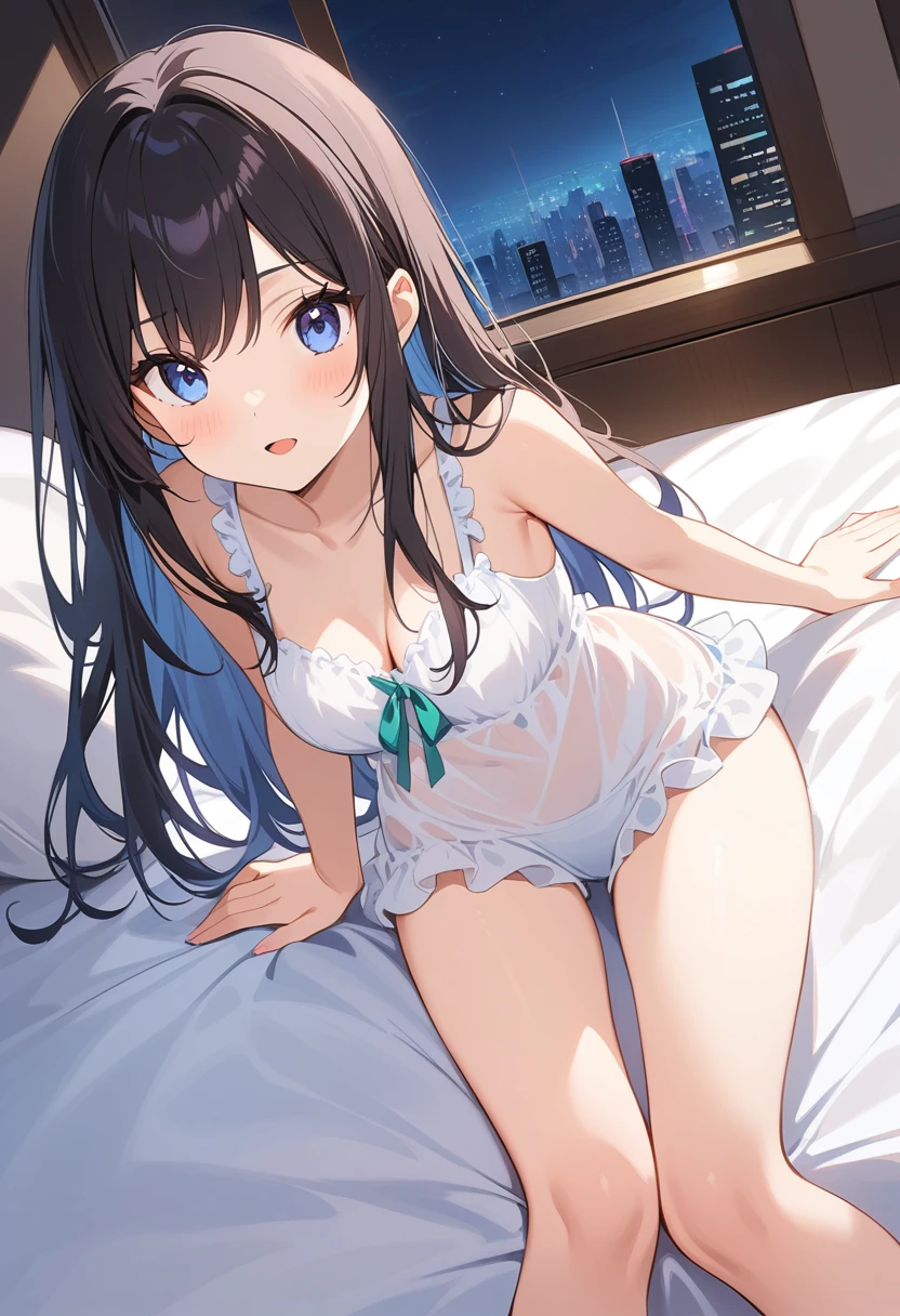 high quality,, 最high quality、 Stylish design, (((The most beautiful girl))), ((Thin legs))、(((最high quality))), High resolution, ((detailed)), ((masterpiece)), ((Super detailed)), ****************、lingerie、Black Hair、Inner Color、((At the bed,night)),((Sexual))