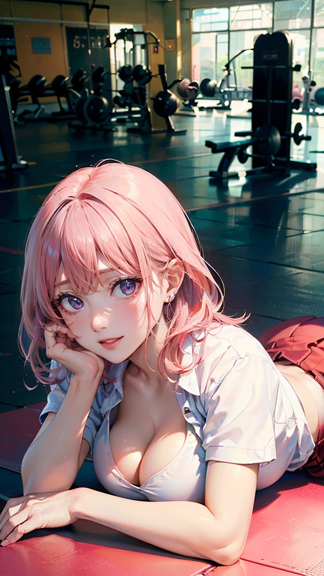 ((Highest quality, 8k, masterpiece :1.3)), (Sharp focus :1.2, Beautiful woman with perfect figure :1.4, Slim Abs), ((Big Breasts, Emphasize cleavage:1.2)), (Photorealistic:1.4), (realistic:1.4), (Pink Hair:1.5), Highly detailed face and skin texture, Fine grain, double eyelid. Makeup face, A little bit of lipstick, sex appeal, Sexy gravure pose, ((Red skirt and white shirt、The background is the gym after school、Serious expression、Earrings、Lying down on the gym floor。:1.3)