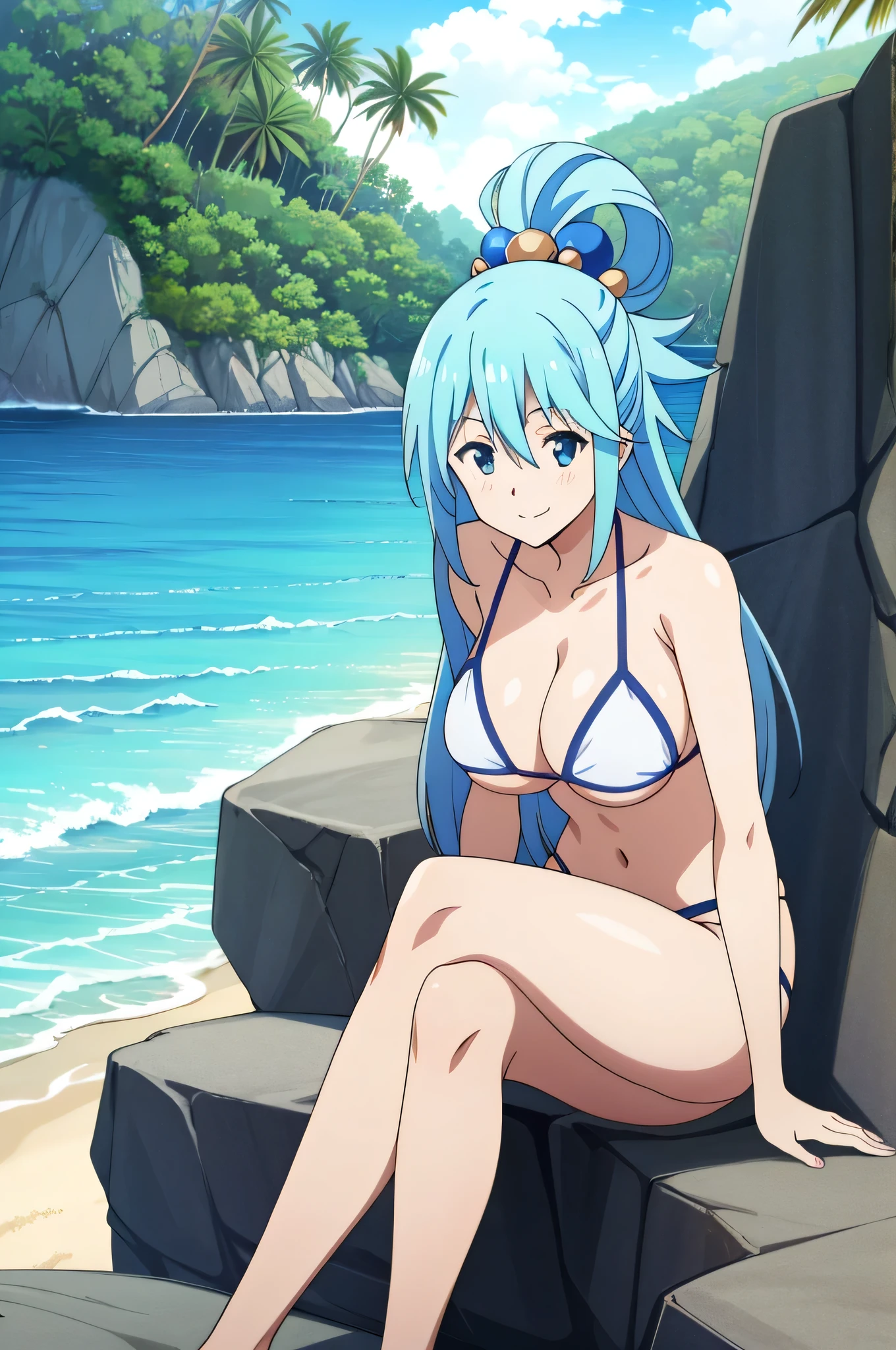 tall body, tall, long legs, mature female, mature, adult, EFT_Konsuba_Aqua, 1girl, aqua (konosuba), solo, long hair, smile, blue eyes, anime coloring, blue hair, hair rings, hair ornament, hair between eyes, 1girl, solo, breasts, looking_at_viewer, smile, large_breasts, cleavage, bare_shoulders, collarbone, sitting, sitting on rock, legs crossed, thick thighs, thong underwear, from_below, breasts, large breasts, big breasts, huge breasts, big tits, giant breasts, small bikini, bikini, white bikini, bare shoulders, bare arms, beach, ocean, underboob, island background