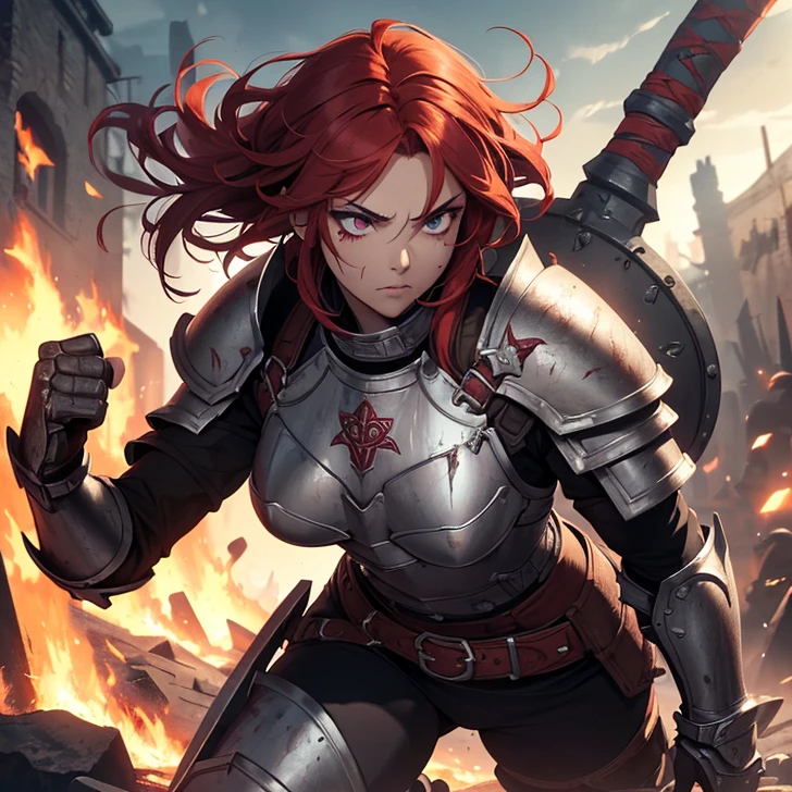 (absurdres, high fantasy artwork, best high quality image, carefuly detailed, very detailed features and textures, hyborian aesthetic)
{{1character: 25 years old red haired barbarian girl, (scarlet red short hair, purple eyes with black pupils, face with blood, very thin lips with blood, white skin with blood, wearing full armor dirt with blood, attack pose, very serious face, no sense of humor), (full bulky knight armor with blood, full bulky shoulder plates with blood, full armored bulky-breast-plate-armor-no revealing-skin dirt with blood, full gauntlets plates, full elbow plates, full plate boots), (her weapon: broad sword on her back), (celtic city battle scene in fire)}}