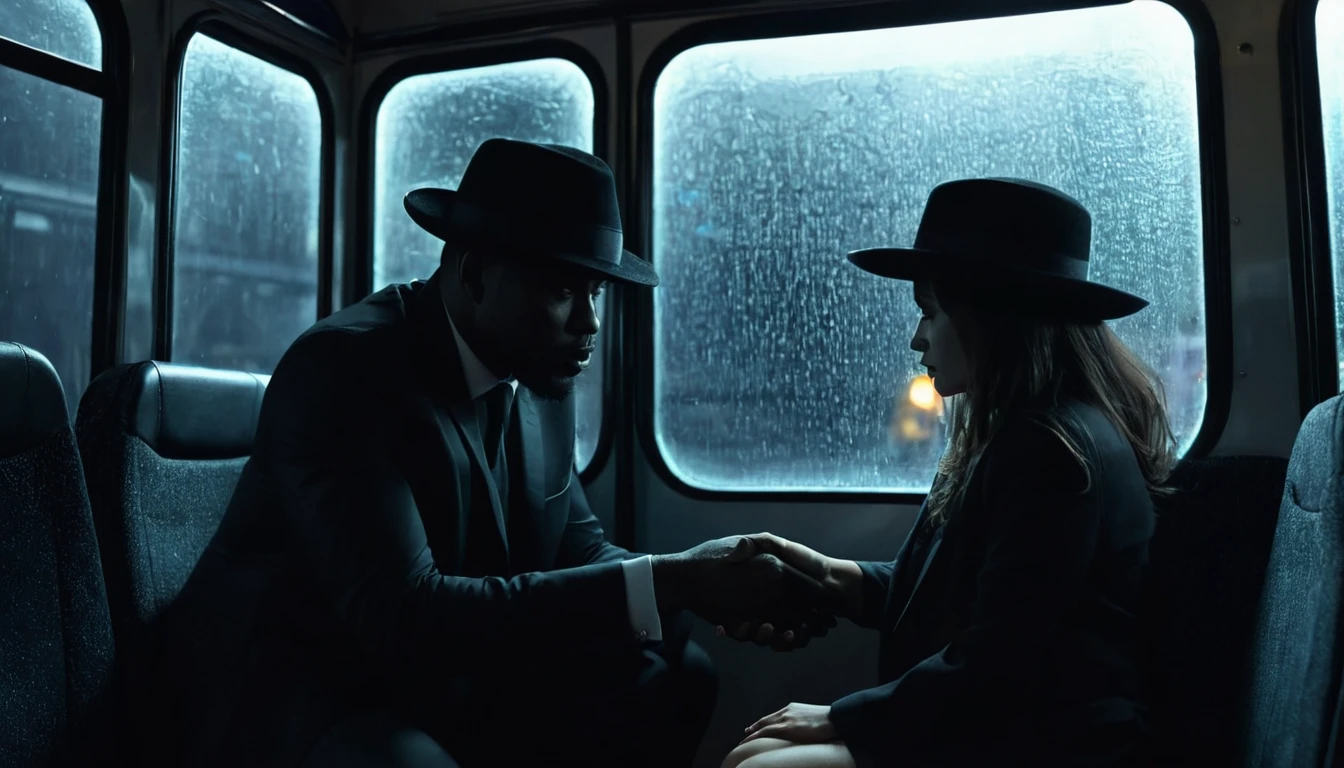 Bad and dark black man in a black hat and black suit offering a pact to the Woman sitting inside the bus. Dark and scary weather at night