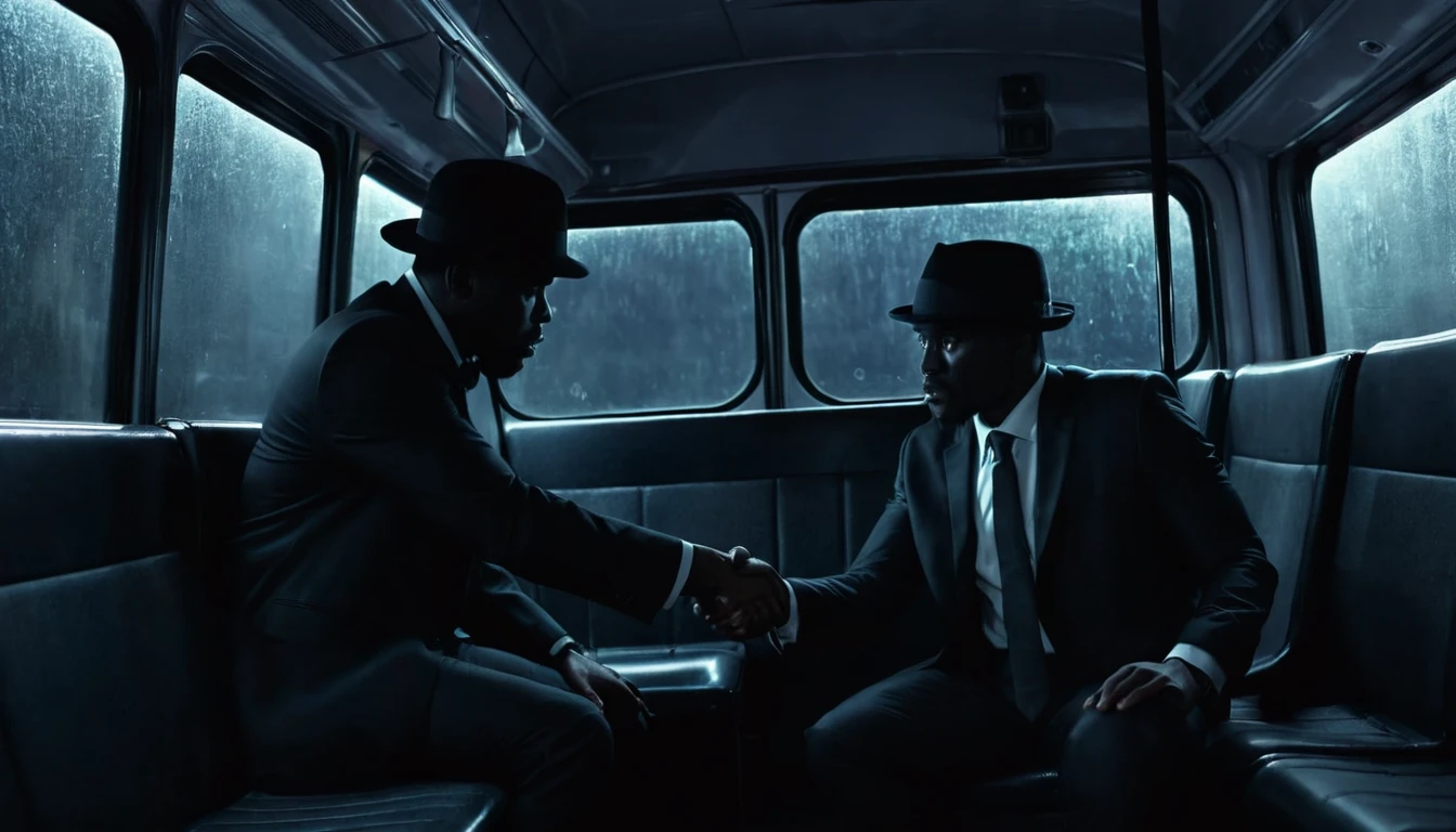 Bad and dark black man in a black hat and black suit offering a pact to the Woman sitting inside the bus. Dark and scary weather at night