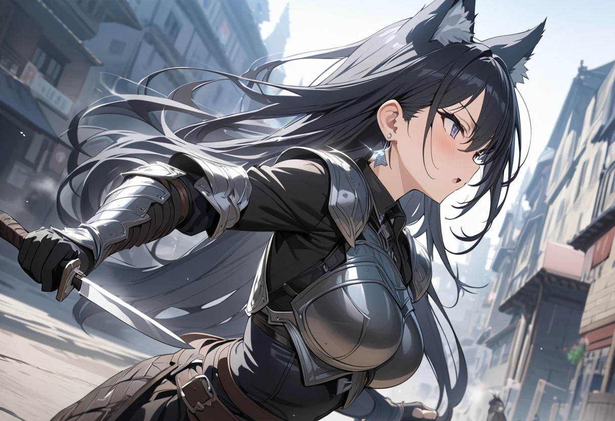 masterpiece, best quality, extremely detailed,anime, Wolf girl, black hair, long hair, black wolf ears, ((silver earrings on wolf ears)), leather armor, holding a knife, fast movement,