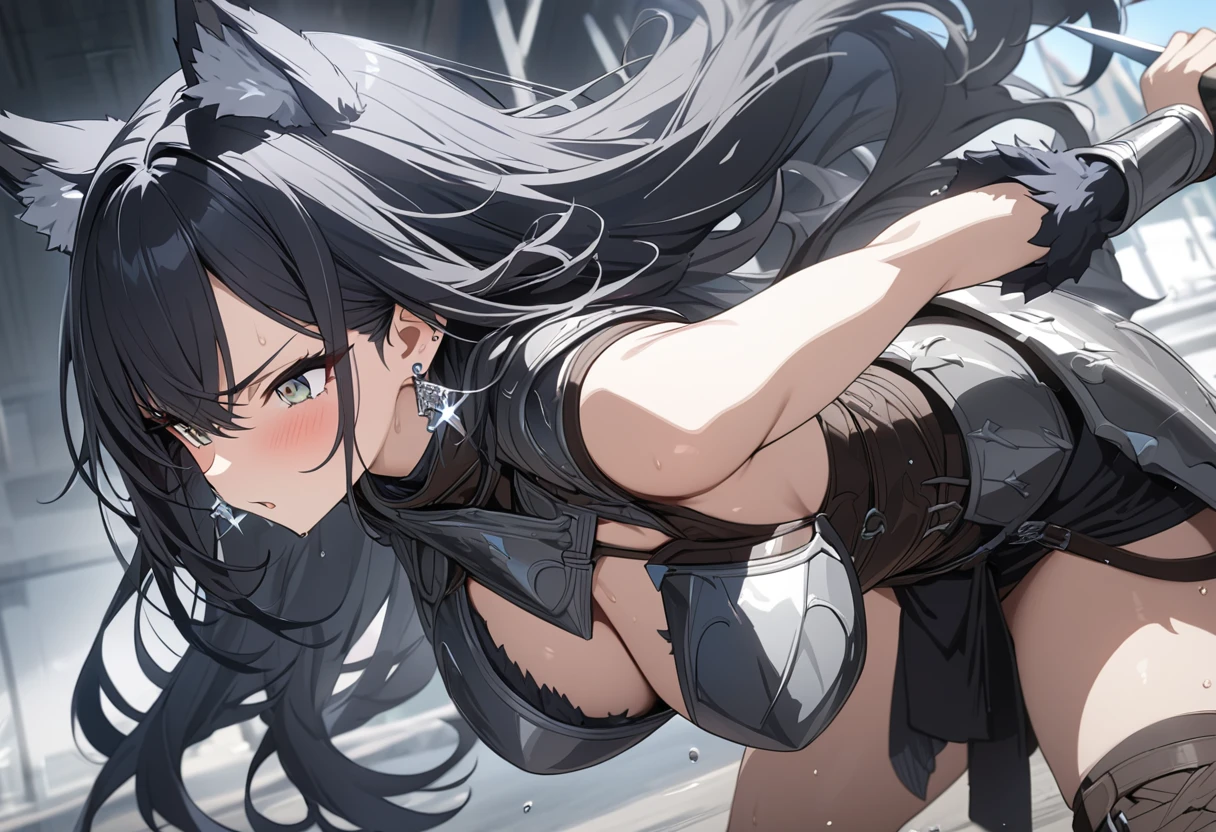 masterpiece, best quality, extremely detailed,anime, Wolf girl, black hair, long hair, black wolf ears, ((silver earrings on wolf ears)), leather armor, holding a knife, fast movement,
