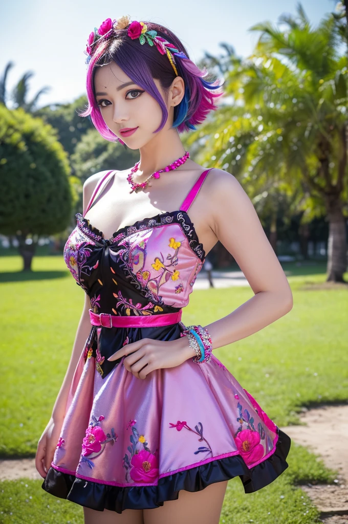 (masterpiece:1.4), (best quality:1.4), ultra high res, ultra high resolution, ((detailed facial features)), HDR, (realistic, photorealistic, photo-realistic:1.37), full body Esbian, sexy Thai model, (-anime), vivid colors, ((vivid colors multicolor (pink, fuchsia, purple) very short hair)), (happy smile), lip-gloss, long lashes, ultra detailed metallic makeup, defined eyebrows, wearing large sparkling colorful jewelery, wearing a red silk Paradise Kiss cosplay dress with black floral embroidery, ((vivid colors outfit)), vivid colors, look at the camera, cinematic light, large park background with trees, sweet and sexy pose