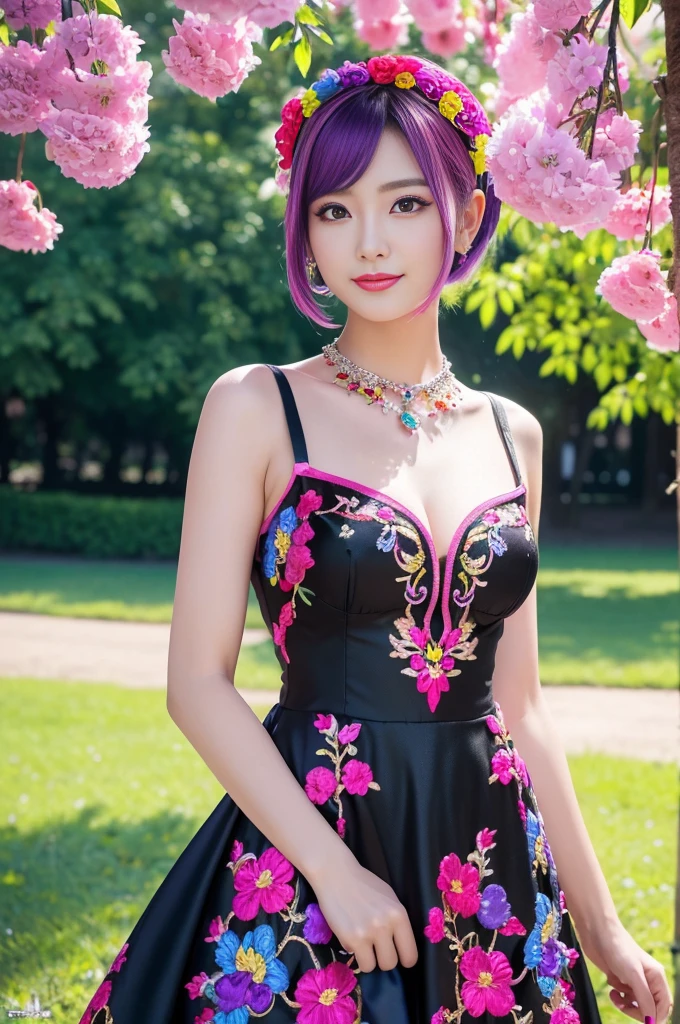 (masterpiece:1.4), (best quality:1.4), ultra high res, ultra high resolution, ((ultra detailed facial features)), HDR, (realistic, photorealistic, photo-realistic:1.37), full body Esbian, sexy Swedish model, (-anime), vivid colors, ((vivid colors multicolor (fuchsia, pink, light blue, purple) very short hair)), (seductive smile), ultra detailed metallic makeup, lip-gloss, long lashes, defined eyebrows, wearing large sparkling colorful jewelery, wearing a red silk Paradise Kiss cosplay dress with black floral embroidery, ((vivid colors outfit)), vivid colors, look at the camera, cinematic light, large park background with trees, sweet and sexy pose
