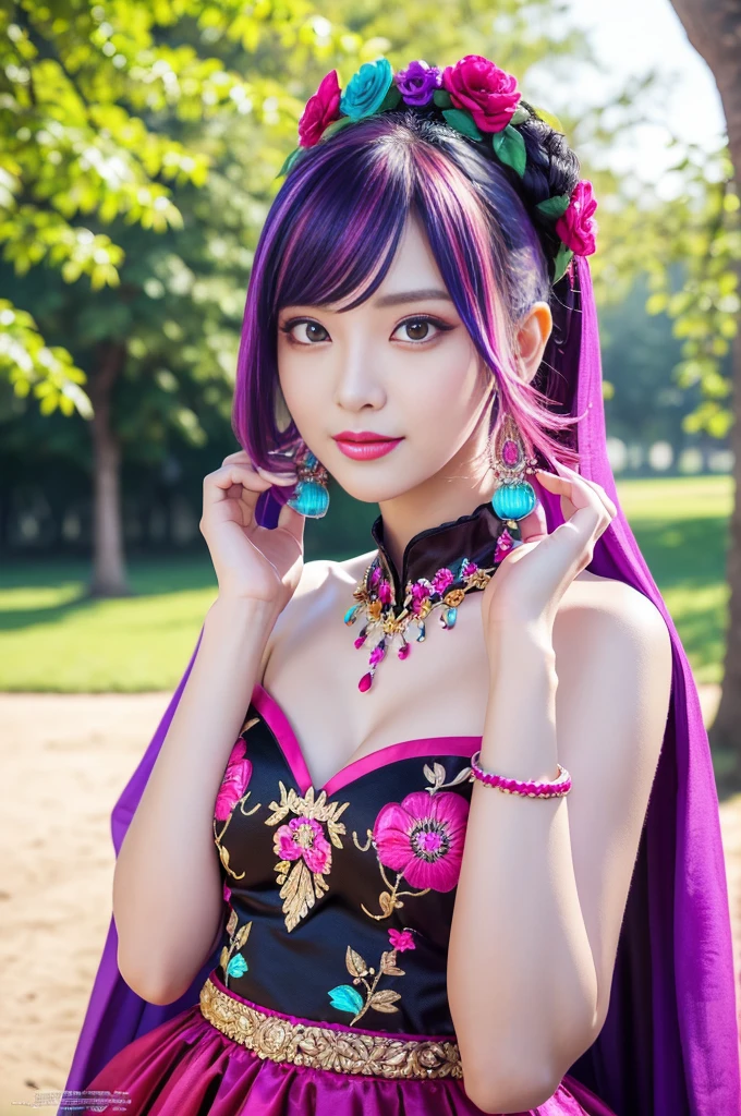 (masterpiece:1.4), (best quality:1.4), ultra high res, ultra high resolution, ((detailed facial features)), HDR, (realistic, photorealistic, photo-realistic:1.37), full body Esbian, sexy swedish model, (-anime), only 1 model, vivid colors, ((vivid colors multicolor (fuchsia, pink, light blue, purple) very short hair)), (seductive smile), lip-gloss, long lashes, defined eyebrows, wearing large sparkling colorful jewelery, wearing a red silk Paradise Kiss cosplay dress with black floral embroidery, ((vivid colors outfit)), vivid colors, look at the camera, cinematic light, large park background with trees, sweet and sexy pose