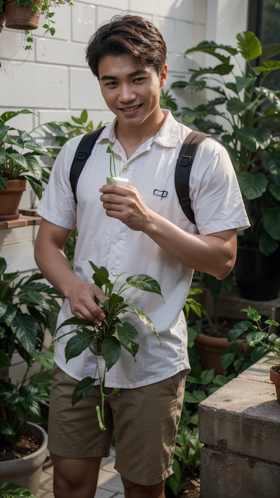 Realistic photography, 8k , handsome young chinese man , watering the plant, smile