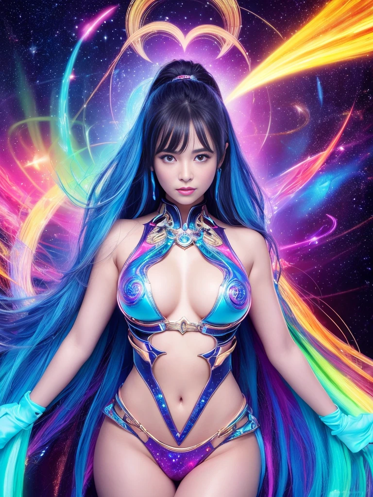 masterpiece、top-quality、8K、detaileds、Detailed face and skin、hight resolution、perfect anatomia、physically-based renderingt、Photorealsitic、1 person woman、20yr old、FULL BODYSHOT、Long Wave Hair、accurate anatomy, Woman in bodysuit with glowing body and colorful swirls, psychedelic goddess, goddess of universe, colorfull digital fantasy art, cyborg goddess in cosmos, 3 d neon art of a womens body, colorful aura, psytrance artwork, Goddes of the Galaxy, astral appearance, goddess of space and time, astral ethereal, Portrait of the Goddess of the Universe, fantasy digital art,
