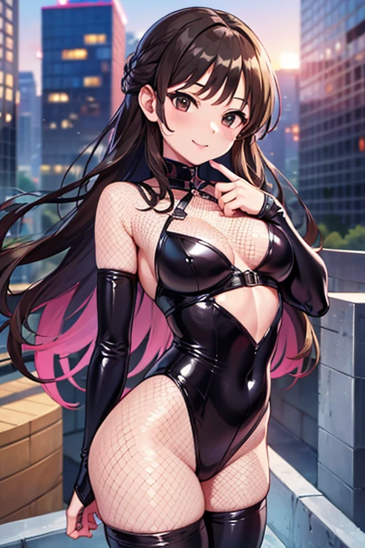 Primary school students、、Long Hair、Small breasts、Small breasts、Body Type、Nipples、Embarrassing、Red face、smile、Sweat on my cheeks、((spy、Bodysuits、Fishnet tights))、City of night、rooftop、Combat pose、8-year-old 、Realistic body