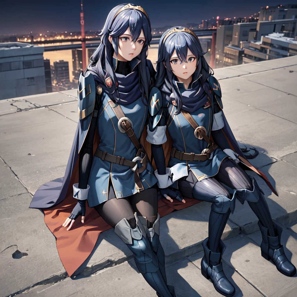 masterpiece, Highest quality, Defrucy, tiara, Cape, Blue scarf, Blue coat, Shoulder Armor, Long sleeve, cuffs, belt, Fingerless gloves, Black Pantyhose, Thigh-high boots, Sitting, cliff, look up, null, rock, Mountain々, sunset