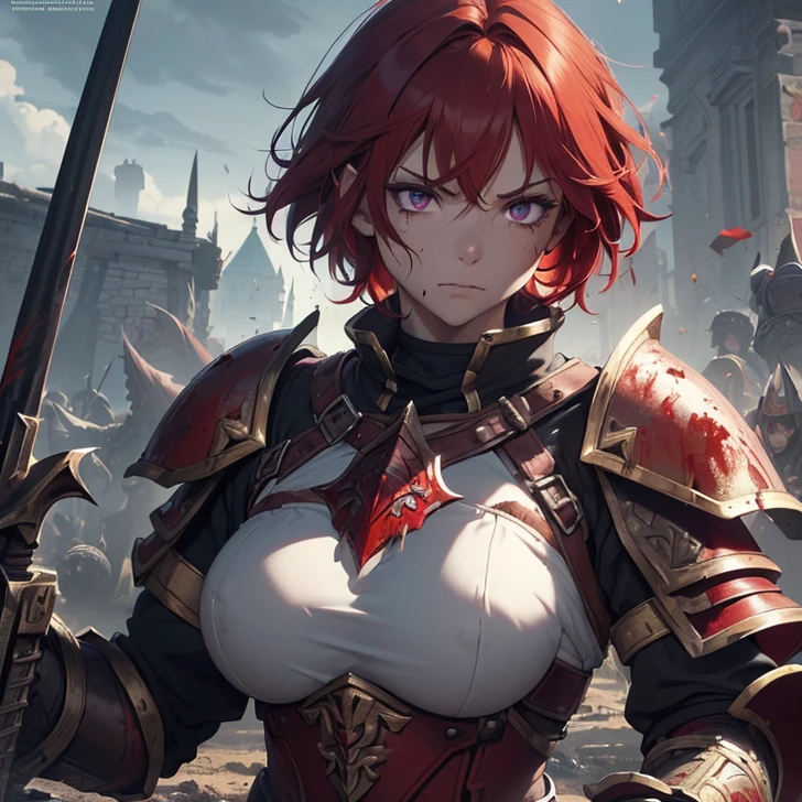 (absurdres, high fantasy artwork, best high quality image, carefuly detailed, very detailed features and textures, warhammer fantasy aesthetic)
{{1character: 25 years old red haired barbarian girl, (scarlet red short hair, purple eyes with black pupils, face with blood, very thin lips with blood, white skin with blood, wearing full armor dirt with blood, attack pose, very serious face, no sense of humor), (full bulky knight armor with blood, full bulky shoulder plates with blood, full armored bulky-breast-plate-armor-no revealing-skin dirt with blood, full gauntlets plates, full elbow plates, full plate boots), (her weapon: broad sword on her back), (celtic city battle scene in fire)}}