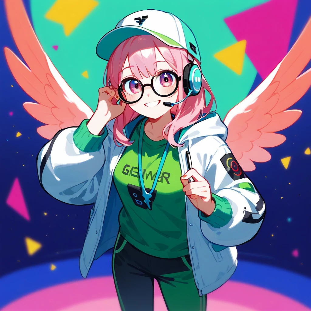 1girl, standing up, looking at viewer, hairstyle, gold rose accessories, green clothes, medium size breast, friendly, glasses, pale skin, gamer, cute, cool, headset, Heartsteel style, pink hair, medium hair in front, long hair back, green clothes, pink coat, cool headset, rounded glasses, winged hat, gamer, 8k, humanization, looking at viewer, smile, attitude, solo, masterpiece, fully dressed, full resolution, high definition, portrait, cute eyes, cheerful, dynamic posse, elite, sneakers, pants