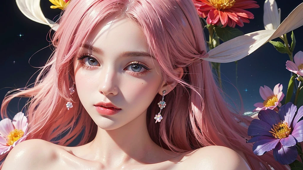 One girl, alone, flower畑, flower, (Official Art, unity 8k wallpaper, Super detailed, beautifully、aesthetic, masterpiece ,Highest quality:1.3), (Dynamic Angle:1.2), (Floating colorful sparkles:1) , elegant, Vibrant colors, Highly detailed face, Detailed eyes, Glowing Skin, Glossy Lips , Pale pink and pale orange background, Pink Hair,