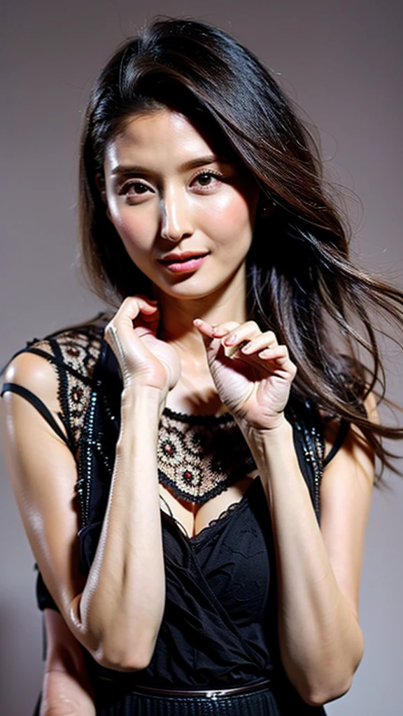Highest quality,masterpiece,Ultra-high resolution,(Actual:1.4),Original photo,Ultra-high resolution,8k,There are also women,Fair skin、Sheer black lace mini dress,High heels,Long legs:1.5,Bright and beautiful,high waist,Flashy makeup using red eyeshadow,Gray background,