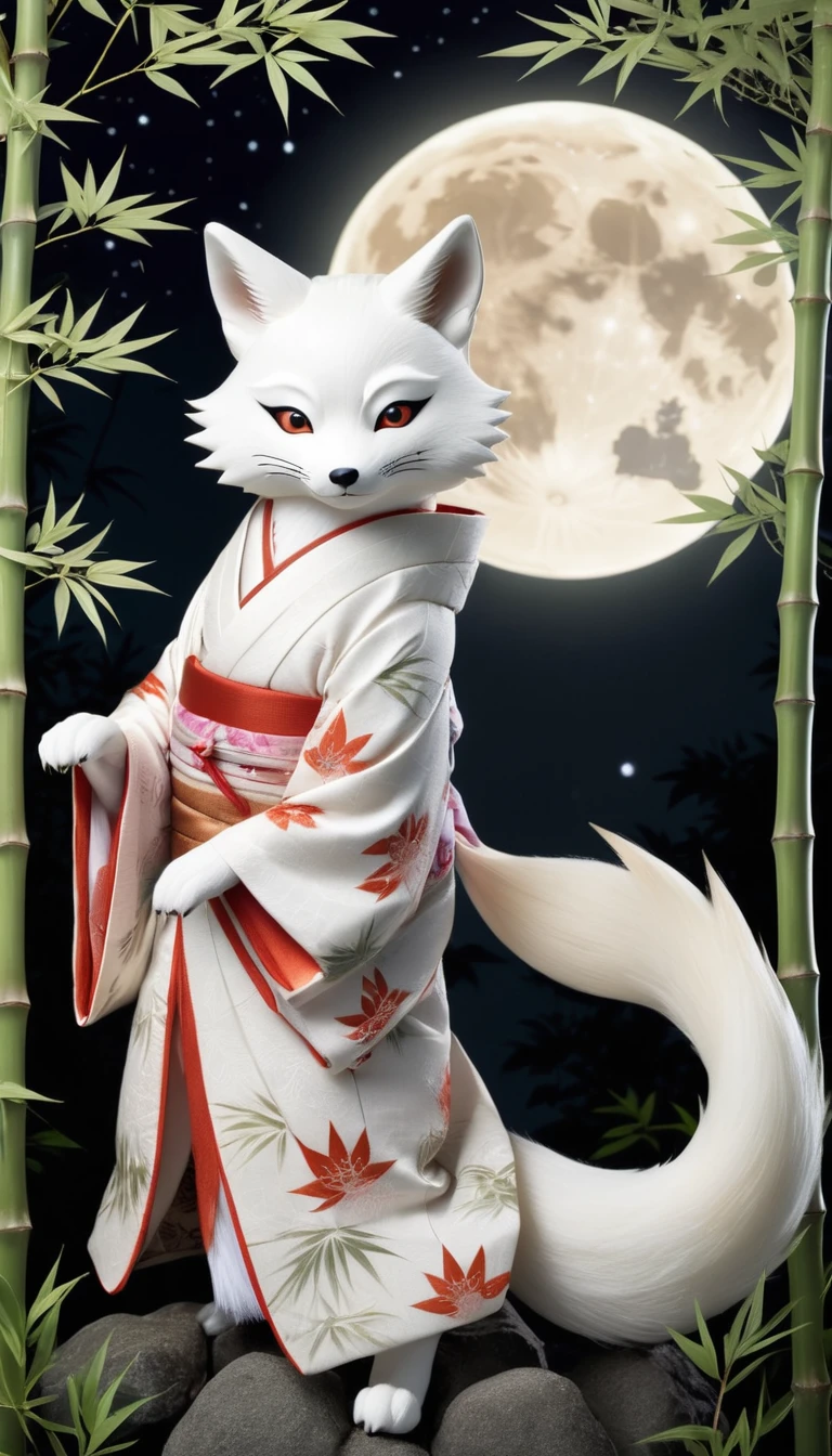 In a moonlit bamboo grove, a Kitsune appears, its nine tails swaying gracefully. Its fur is pure white, and its eyes glint with intelligence and mischief. It stands on its hind legs, wearing a traditional Japanese kimono. The background is serene, with the bamboo leaves rustling softly in the night breeze.