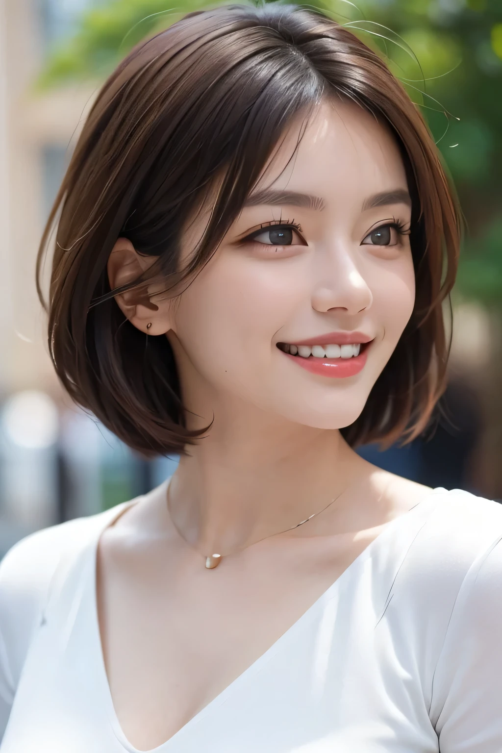 ((masterpiece)), ((Highest quality)), ((Complex)), ((Surreal)), (Realistic), (Mature Woman), ((No classes)), Very detailed, (1 female), Beautiful and exquisite, (Beautiful Teeth), Grin, Brunette Bob Hair, Brown eyes, ((blouse)), (Upper Body), (background:none), Perfect Eyes, Captivating eyes, Looking at the audience