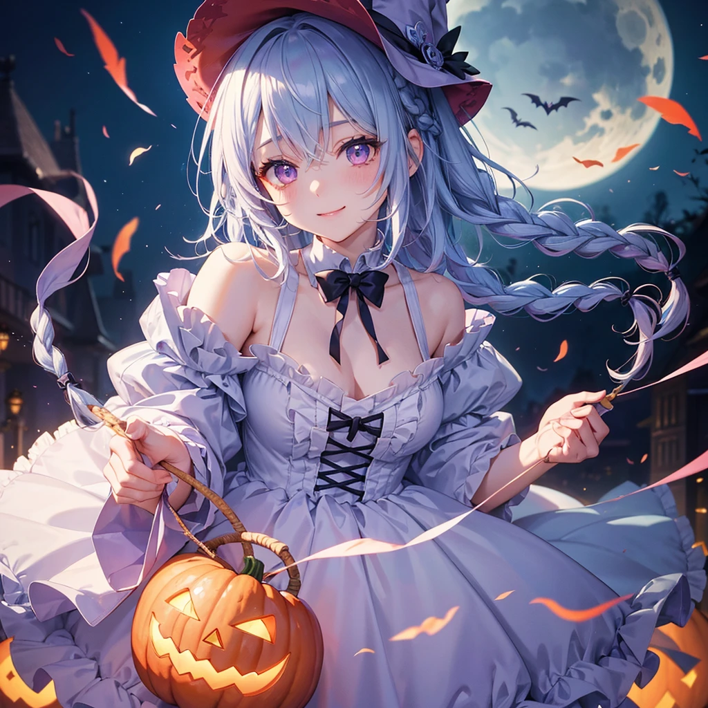 (Light blue medium hair),(Braided hair tied together)、Pink eyes、Fair skin、cowboy shot、Halloween、The background is a pumpkin ghost、Crescent Moon、Trick or Treat、A lot of sweets、witch、Halloween night party、Candy、Cosplay、A surprising smile、solo、(masterpiece、Highest quality、Very detailed、Best Shadow)、(Detailed Background)、(Beautifully detailed face)、High contrast、(Best lighting、Very delicate and beautiful)、(Cinematic Light)、colorful、Hyper Detail、Dramatic Light、Exquisite detail、