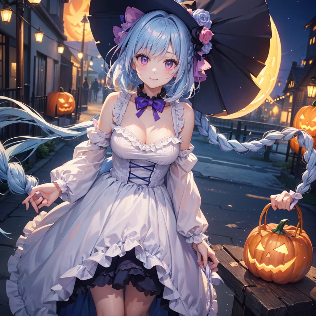 (Light blue medium hair),(Braided hair tied together)、Pink eyes、Fair skin、cowboy shot、Halloween、The background is a pumpkin ghost、Crescent Moon、Trick or Treat、A lot of sweets、witch、Halloween night party、Candy、Cosplay、A surprising smile、solo、(masterpiece、Highest quality、Very detailed、Best Shadow)、(Detailed Background)、(Beautifully detailed face)、High contrast、(Best lighting、Very delicate and beautiful)、(Cinematic Light)、colorful、Hyper Detail、Dramatic Light、Exquisite detail、