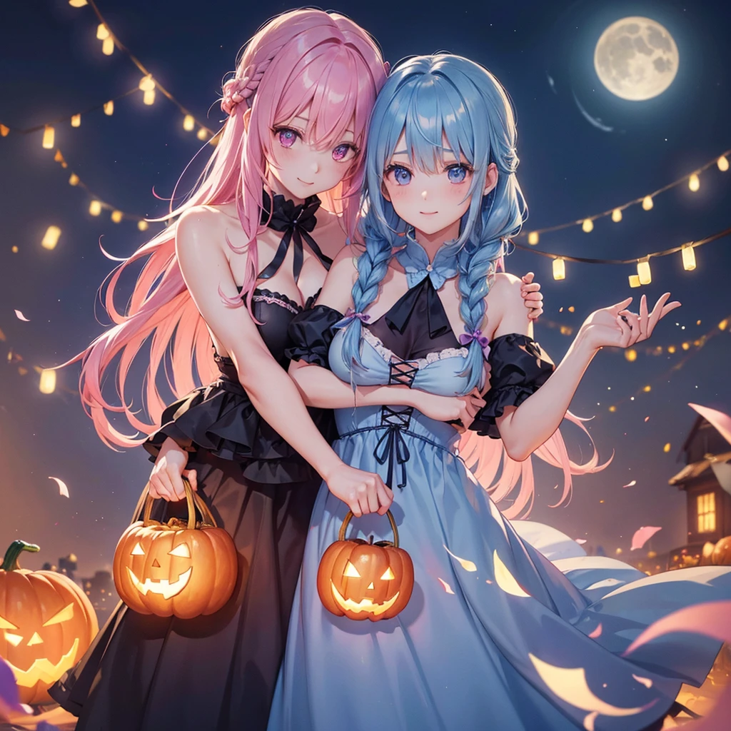 (Light blue medium hair),(Braided hair tied together)、Pink eyes、Fair skin、cowboy shot、Halloween、The background is a pumpkin ghost、Crescent Moon、Trick or Treat、A lot of sweets、witch、Halloween night party、Candy、Cosplay、A surprising smile、solo、(masterpiece、Highest quality、Very detailed、Best Shadow)、(Detailed Background)、(Beautifully detailed face)、High contrast、(Best lighting、Very delicate and beautiful)、(Cinematic Light)、colorful、Hyper Detail、Dramatic Light、Exquisite detail、